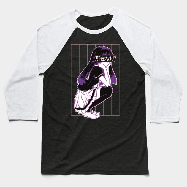 Japanese Sad Girl Anime Vaporwave Art Style Baseball T-Shirt by Visual Vibes